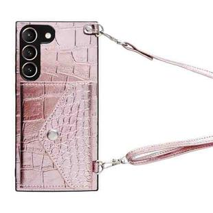 For Samsung Galaxy S21 5G Crocodile Texture Lanyard Card Slot Phone Case(Rose Gold)