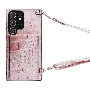 For Samsung Galaxy S21 Ultra 5G Crocodile Texture Lanyard Card Slot Phone Case(Rose Gold)