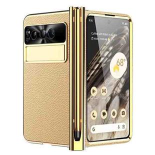 For Google Pixel Fold Litchi Pattern Electroplating Pen Slot Folding Phone Case with Stylus(Gold)
