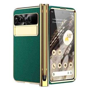 For Google Pixel Fold Litchi Pattern Electroplating Pen Slot Folding Phone Case with Stylus(Green)