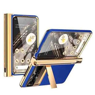 For Google Pixel Fold Litchi Pattern Electroplating Pen Slot Double Hinge Folding Phone Case with Stylus(Royal Blue)