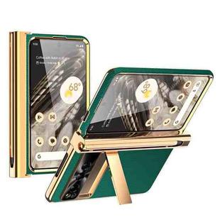 For Google Pixel Fold Litchi Pattern Electroplating Pen Slot Double Hinge Folding Phone Case with Stylus(Green)