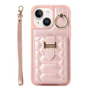 For iPhone 14 Plus Vertical Card Bag Ring Holder Phone Case with Dual Lanyard(Rose Gold)