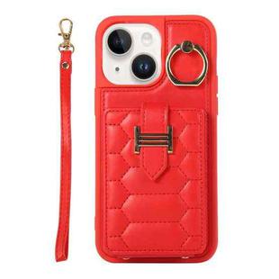 For iPhone 14 Plus Vertical Card Bag Ring Holder Phone Case with Dual Lanyard(Red)