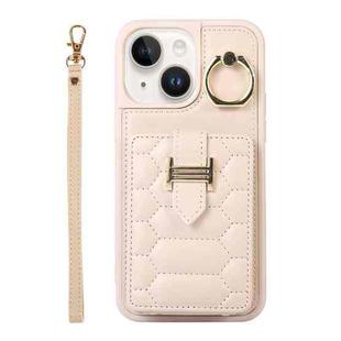 For iPhone 14 Plus Vertical Card Bag Ring Holder Phone Case with Dual Lanyard(Beige)
