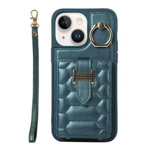 For iPhone 14 Plus Vertical Card Bag Ring Holder Phone Case with Dual Lanyard(Dark Green)