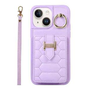 For iPhone 14 Plus Vertical Card Bag Ring Holder Phone Case with Dual Lanyard(Purple)
