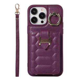 For iPhone 14 Pro Vertical Card Bag Ring Holder Phone Case with Dual Lanyard(Dark Purple)