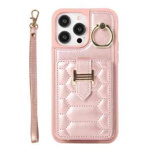 For iPhone 14 Pro Vertical Card Bag Ring Holder Phone Case with Dual Lanyard(Rose Gold)