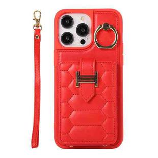 For iPhone 14 Pro Vertical Card Bag Ring Holder Phone Case with Dual Lanyard(Red)