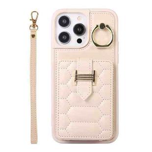 For iPhone 14 Pro Vertical Card Bag Ring Holder Phone Case with Dual Lanyard(Beige)