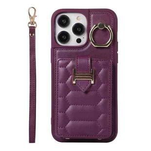 For iPhone 14 Pro Max Vertical Card Bag Ring Holder Phone Case with Dual Lanyard(Dark Purple)