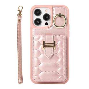 For iPhone 14 Pro Max Vertical Card Bag Ring Holder Phone Case with Dual Lanyard(Rose Gold)