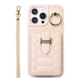For iPhone 14 Pro Max Vertical Card Bag Ring Holder Phone Case with Dual Lanyard(Beige)