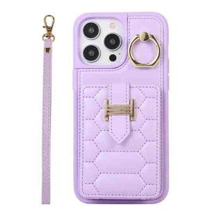 For iPhone 14 Pro Max Vertical Card Bag Ring Holder Phone Case with Dual Lanyard(Purple)