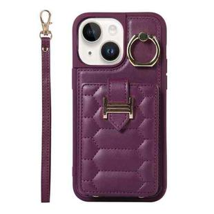 For iPhone 13 Vertical Card Bag Ring Holder Phone Case with Dual Lanyard(Dark Purple)