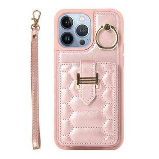 For iPhone 13 Pro Vertical Card Bag Ring Holder Phone Case with Dual Lanyard(Rose Gold)