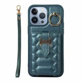 For iPhone 13 Pro Vertical Card Bag Ring Holder Phone Case with Dual Lanyard(Dark Green)