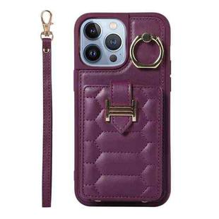 For iPhone 13 Pro Max Vertical Card Bag Ring Holder Phone Case with Dual Lanyard(Dark Purple)