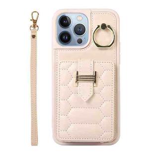 For iPhone 13 Pro Max Vertical Card Bag Ring Holder Phone Case with Dual Lanyard(Beige)