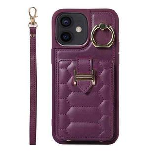 For iPhone 12 Vertical Card Bag Ring Holder Phone Case with Dual Lanyard(Dark Purple)