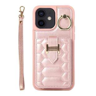 For iPhone 12 Vertical Card Bag Ring Holder Phone Case with Dual Lanyard(Rose Gold)