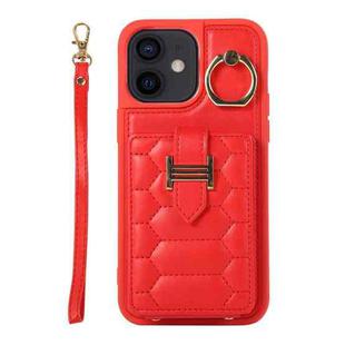 For iPhone 12 Vertical Card Bag Ring Holder Phone Case with Dual Lanyard(Red)