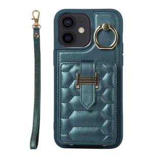 For iPhone 12 Vertical Card Bag Ring Holder Phone Case with Dual Lanyard(Dark Green)