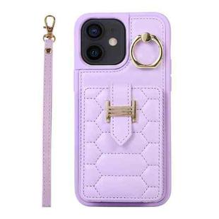 For iPhone 12 Vertical Card Bag Ring Holder Phone Case with Dual Lanyard(Purple)
