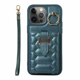 For iPhone 12 Pro Max Vertical Card Bag Ring Holder Phone Case with Dual Lanyard(Dark Green)