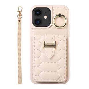 For iPhone 11 Vertical Card Bag Ring Holder Phone Case with Dual Lanyard(Beige)