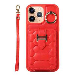 For iPhone 11 Pro Vertical Card Bag Ring Holder Phone Case with Dual Lanyard(Red)