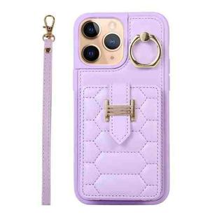 For iPhone 11 Pro Vertical Card Bag Ring Holder Phone Case with Dual Lanyard(Purple)