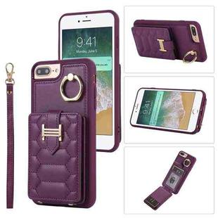 For iPhone 8 Plus / 7 Plus Vertical Card Bag Ring Holder Phone Case with Dual Lanyard(Dark Purple)