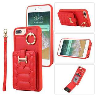 For iPhone 8 Plus / 7 Plus Vertical Card Bag Ring Holder Phone Case with Dual Lanyard(Red)