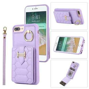For iPhone 8 Plus / 7 Plus Vertical Card Bag Ring Holder Phone Case with Dual Lanyard(Purple)