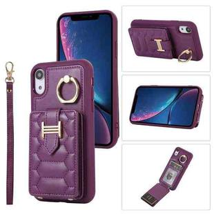 For iPhone XR Vertical Card Bag Ring Holder Phone Case with Dual Lanyard(Dark Purple)