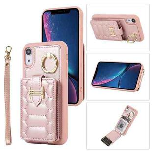 For iPhone XR Vertical Card Bag Ring Holder Phone Case with Dual Lanyard(Rose Gold)