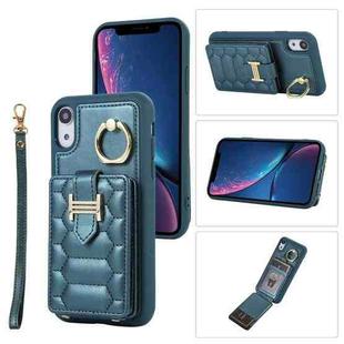 For iPhone XR Vertical Card Bag Ring Holder Phone Case with Dual Lanyard(Dark Green)
