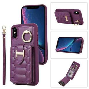For iPhone XS Vertical Card Bag Ring Holder Phone Case with Dual Lanyard(Dark Purple)