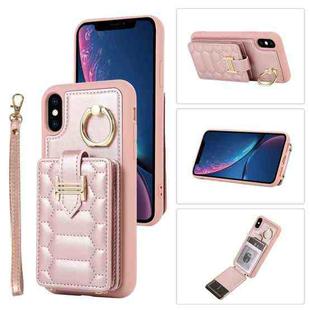 For iPhone XS Vertical Card Bag Ring Holder Phone Case with Dual Lanyard(Rose Gold)