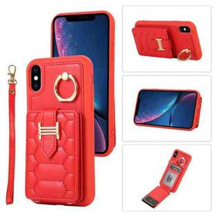 For iPhone XS Vertical Card Bag Ring Holder Phone Case with Dual Lanyard(Red)