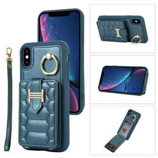 For iPhone XS Vertical Card Bag Ring Holder Phone Case with Dual Lanyard(Dark Green)
