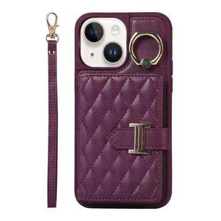 For iPhone 14 Horizontal Card Bag Ring Holder Phone Case with Dual Lanyard(Dark Purple)