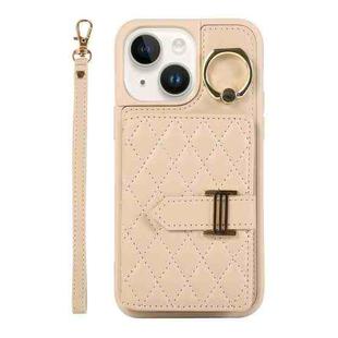 For iPhone 14 Horizontal Card Bag Ring Holder Phone Case with Dual Lanyard(Beige)