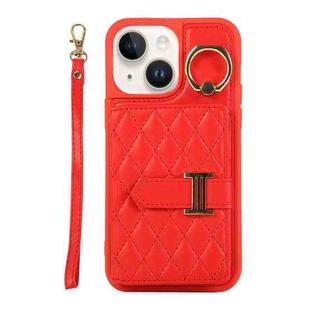 For iPhone 14 Horizontal Card Bag Ring Holder Phone Case with Dual Lanyard(Red)