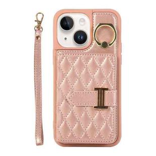 For iPhone 14 Horizontal Card Bag Ring Holder Phone Case with Dual Lanyard(Rose Gold)