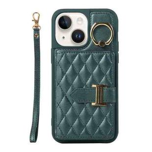 For iPhone 14 Plus Horizontal Card Bag Ring Holder Phone Case with Dual Lanyard(Dark Green)