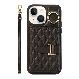 For iPhone 14 Plus Horizontal Card Bag Ring Holder Phone Case with Dual Lanyard(Black)