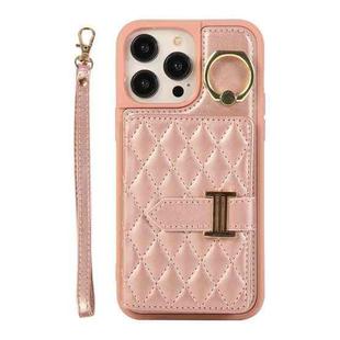 For iPhone 14 Pro Horizontal Card Bag Ring Holder Phone Case with Dual Lanyard(Rose Gold)